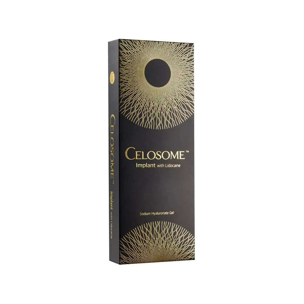 Celosome implant packaging with gold decorative elements on a white background