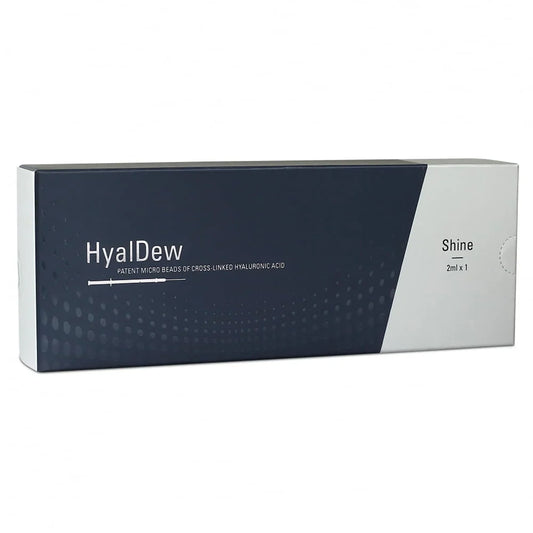 Box of HyalDew Shine product with branding on a white background
