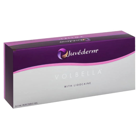 Juvéderm Volbella packaging with purple and white design on a white background