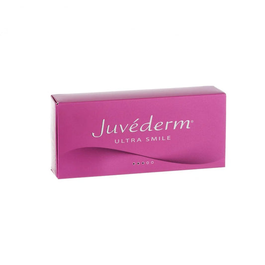 Pink packaging of Juvederm Ultra Smile on a white background