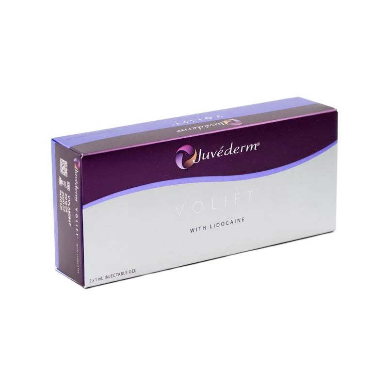 Juvéderm volift lidocaine box with purple and white design on a white background