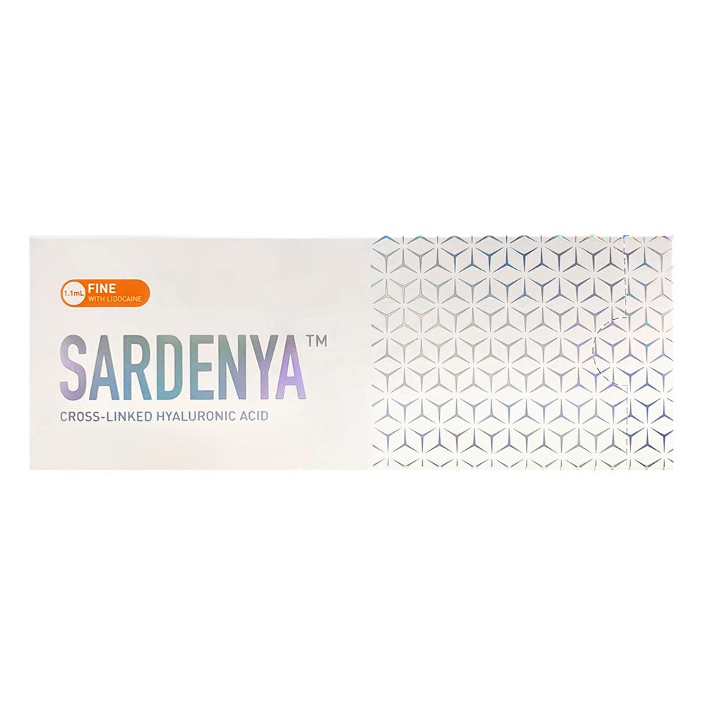 Injectable vial of Sardenya Fine dermal filler featuring 24 mg/ml hyaluronic acid and 0.3% lidocaine, designed for smoothing superficial lines and enhancing skin hydration, lasting 8 to 12 months.