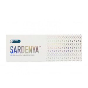 Syringe containing Sardenya Shape dermal filler with cross-linked hyaluronic acid and lidocaine, certified for quality by EDQM, designed for deep skin corrections and volumetric enhancements, lasting 18 to 24 months.