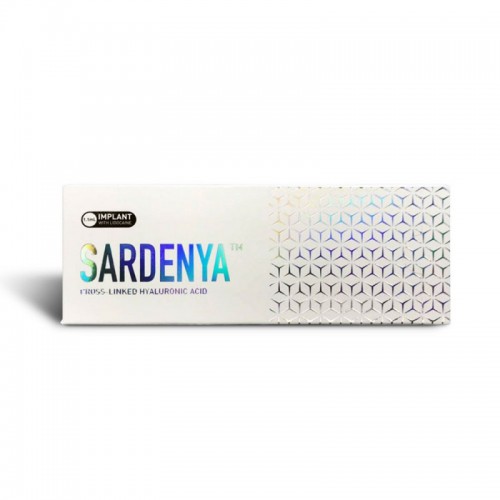 Box of Sardenya Implant dermal filler, highlighting its hyaluronic acid formula with lidocaine for wrinkle correction and facial sculpting, ensuring stable and long-lasting aesthetic results with a safety assurance.
